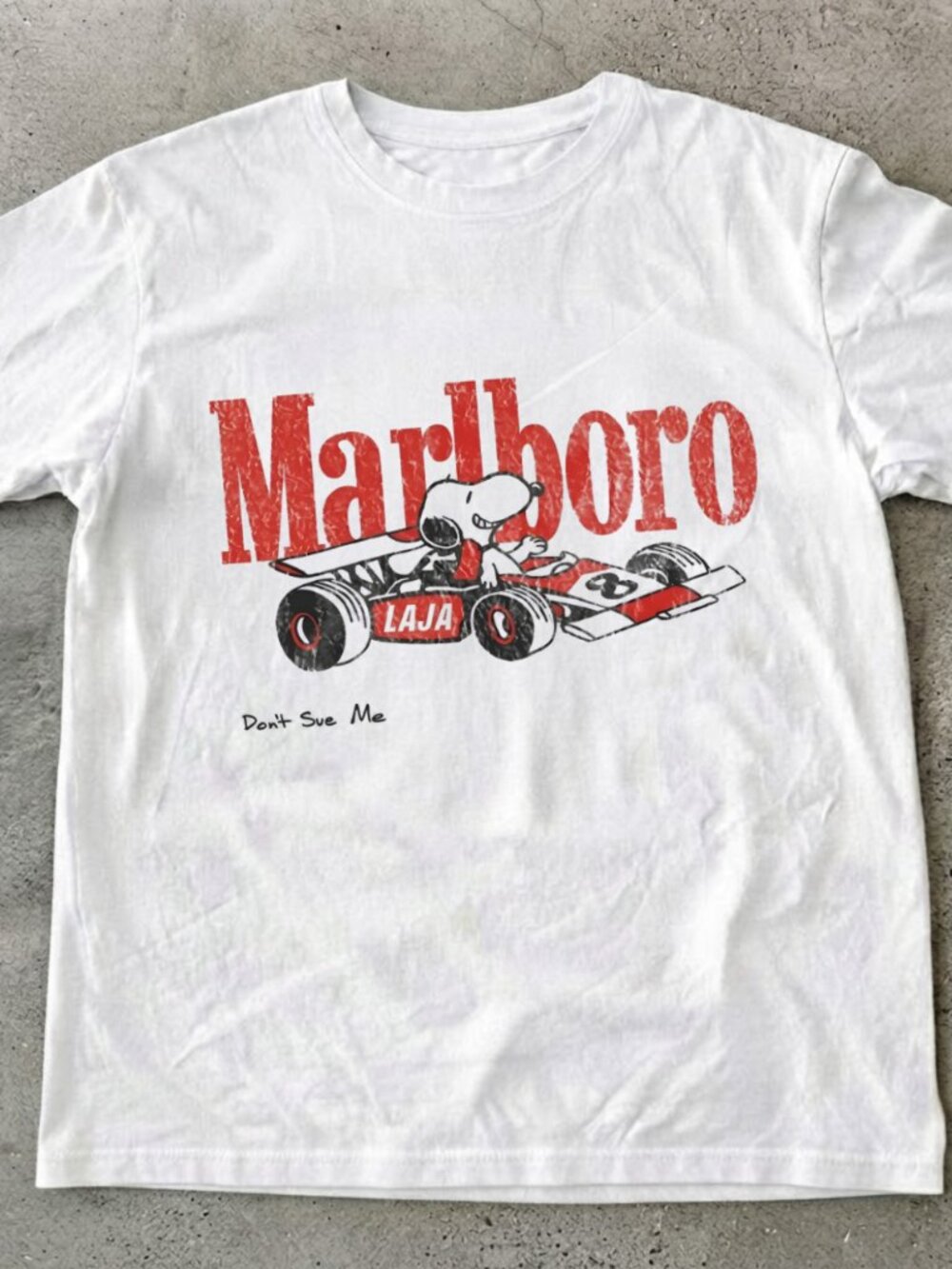 Marlboro Snoopy Race Car Graphic T-Shirt White Vintage Style Racing Y2K